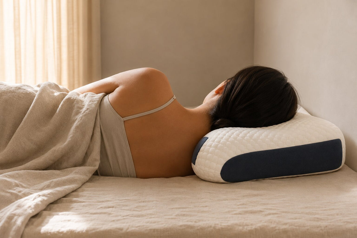 Mujer durmiendo de lado con la almohada ChillNeck