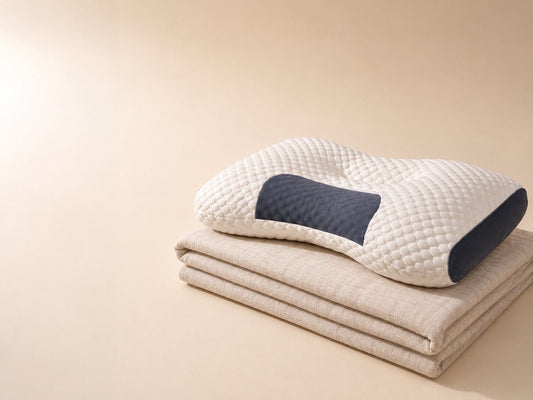 Almohada Cervical Ergonómica ChillNeck 5 Zonas apoyada sobre manta de lino